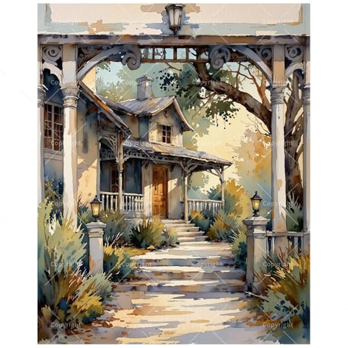 Cottage Landscape Paint by Numbers Kit for Adults - DIY Country Porch Painting on Canvas, Acrylic Paint Set, Suitable for Beginners, Art for Home Decoration or Gifts(8X12IN Framed) - color: HSX00246, size: 8X12IN Framed
