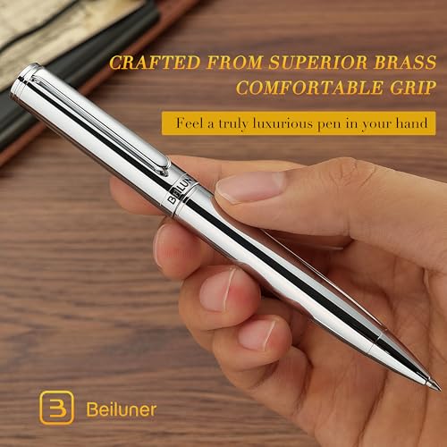 BEILUNER Silver Gel Pen - Luxury Featuring Bright Chrome Finishes, Black Ink Refill, Best Pen Gift Set for Men & Women, Business Signature, Executive, Office Retractable,Nice Fancy Designer Pens - color: Silver