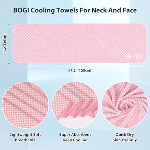 BOGI Cooling Towels for Neck and Face, Soft Breathable Cool Towel for Instant Cooling Stay Cool for Yoga, Sport, Gym, Camping, Running & More Activities - color: Pink, size: 47.00" x 14.00"