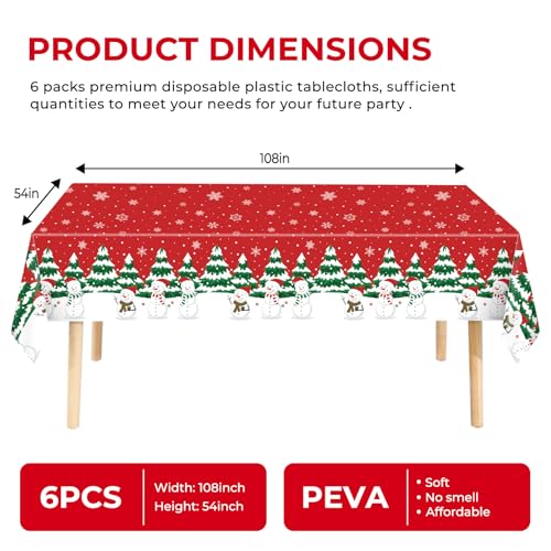 6 Pack Disposable Plastic Tablecloth - Christmas Snowman Table Cover for Party Decoration Supplies - 54 x 108 Inches (Christmas Snowman) - color: Christmas Snowman