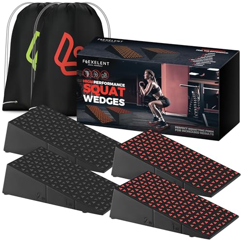 Flexelent Squat Wedge Block Pair, Squat Ramp, Calf Raise Block, Anti-Slip Slant Board, ATG Equipment to Boost Workout, 17° Incline, 3.5x5.9x12.2, Backpack Included - Classic & Bold (Black & Red)