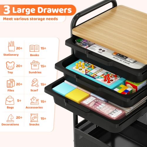 KINGRACK 3 Tier Rolling Cart with Drawer, Metal Utility Storage Cart, Black | 3 Drawers, Pegboard & Wood Tabletop, Lockable Wheels, 4 Hooks & 1 Bin, for Living Room,Bedroom,Craft Room,Office,Kids Room - color: Black