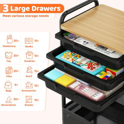 KINGRACK 3 Tier Rolling Cart with Drawer, Metal Utility Storage Cart, Black | 3 Drawers, Pegboard & Wood Tabletop, Lockable Wheels, 4 Hooks & 1 Bin, for Living Room,Bedroom,Craft Room,Office,Kids Room - color: Black