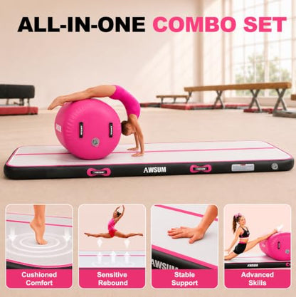 AWSUM Inflatable Gymnastics Mat with Air Roller Barrel Tumbling Equipment - color: Pink/Black+Pink Roller, size: 10ft*3.3ft*4in&(L)40in*(Diam)23.6"