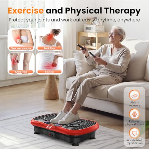 AXV Vibration Plate Fitness Platform Exercise Machine Body Vibrating Board | Curved Design Powerful 200W Bluetooth Oscillating Shake Plate for Lymphatic Drainage Recovery Whole Body Toning With Handles - color: BT.PRO.RED
