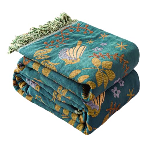 MSGKV Boho Throw Blanket 60"x80" 100% Cotton Bird Quilt for Bed & Couch | 100% Cotton Throw, Bird Quilt Design, Muslin Blanket, Summer Breathable, Farmhouse Decor, Lightweight, Machine Washable - color: A-teal Blue Bird, size: 60"x80"