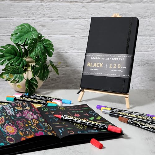 Thenshop 2 Pcs/200 Sheets Black Paper Sketchbook 12 Pen 6 x 8 in Ribbon | Black Page Journal Notebook Metallic Pens Writing Set for Back to School Gift Colored Gel Pen PU Hardcover Drawing Painting - size: 6 x 8 in, style: Ribbon