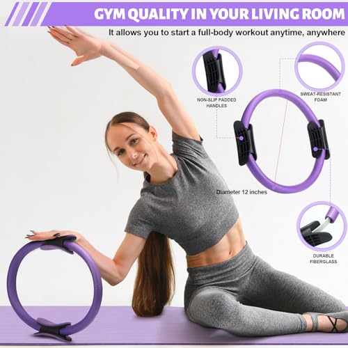 RoundFunny Set of 18 Pilates Ring Essential Kit for Women Pilates Ring and Ball Ankle Resistance Band Yoga Strap Socks Mat Arm Stretcher Latex Tube Gym Back Bag Exercise Equipment for Workout - color: Purple