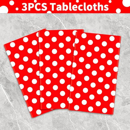 3 Pack Red and White Polka Dots Tablecloth Red Round Table Cover with White Polka Dot Round Plastic Table Cloth 84 in Round for Kitchen Dining Wedding Party