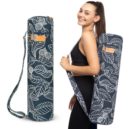 UDANA Canvas Yoga Mat Bag for Women & Men, Full-Zip Carrier with 3 Pockets & Adjustable Strap, Stylish Gym & Pilates Bag – Available in Multiple Sizes - color: Navy Blue Leaf, size: Large: 1/4" to 2/5" (7-10mm) Thick Mats
