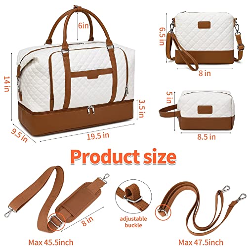 Weekender Bag, Large Travel Duffel Bag for Women, Carry on Overnight Bag with Shoe Compartment and Toiletry Bags - color: White-Brown