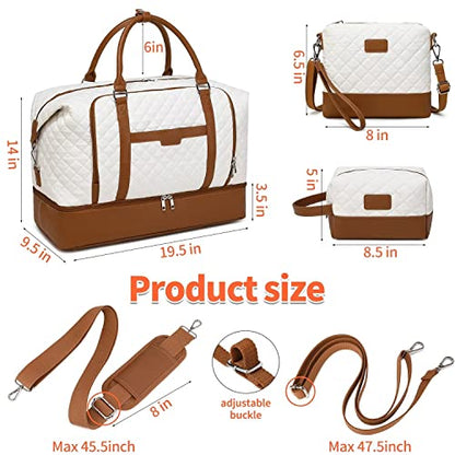 Weekender Bag, Large Travel Duffel Bag for Women, Carry on Overnight Bag with Shoe Compartment and Toiletry Bags - color: White-Brown