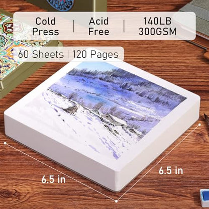 FLUNBRATO Watercolor Paper Pad, 60 Sheets, 6.5 x 6.5 in, Cold Press 100% Cotton, 140LB/300GSM Acid-Free Square Art Pad, Two-Edge Glued, for Gouache, Ink and Mixed Media - size: 6.5 x 6.5 in