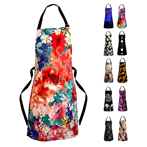 Adjustable Waterproof Apron Bib Apron with 2 Pockets Cooking Kitchen Aprons for Women Men Chef - color: Flowers