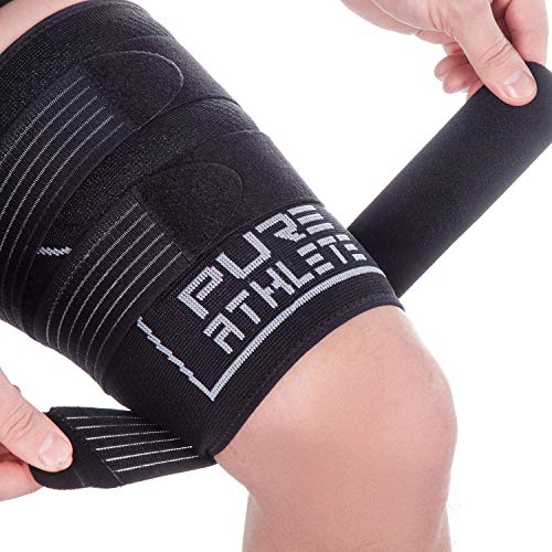 Pure Athlete 허벅지 압박 슬리브 - 조절 가능한 스트랩 쿼드 랩 서포트 브레이스, 햄스트링 상단 레그 - size: Small