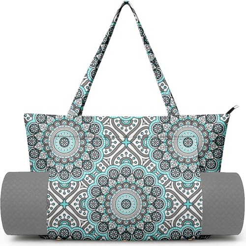 Yoga Bag for Women, Large Canvas Yoga Mat Tote Bag with Yoga Mat Carrier | Large Mat Pocket Fitness Tote for Pilates, Gym, Travel, Office & Beach - color: Light Blue
