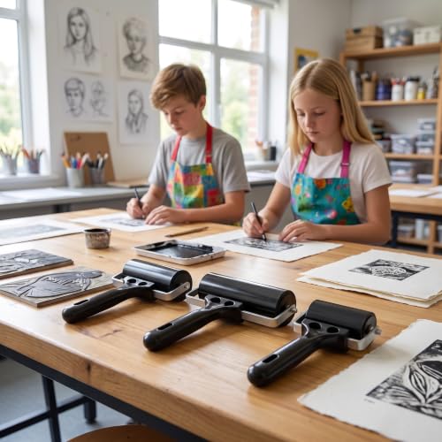 PhotonOcean 3-Pack Rubber Brayer Rollers for Crafting, Printmaking | Hard rubber craft rollers (2.4", 4", 7.9") for gluing, stamping, wallpaper and vinyl application.