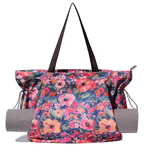 ESVAN Yoga Tote Bag for Women Drawstring Canvas Shoulder Bags for Workout Travel Carryall Pilates Gym and Beach - color: Blue Flower
