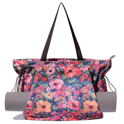 ESVAN Yoga Tote Bag for Women Drawstring Canvas Shoulder Bags for Workout Travel Carryall Pilates Gym and Beach - color: Blue Flower
