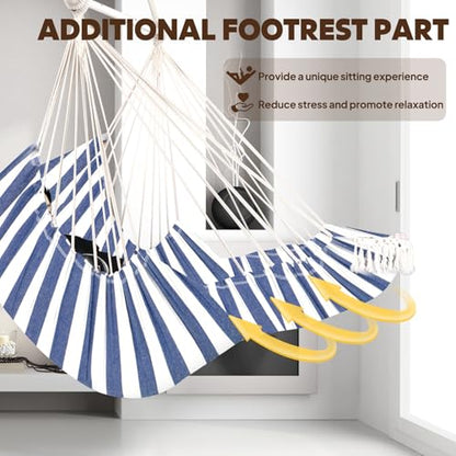 Chihee Hammock Chair Foot Rest 2 Cushions Max 485 lbs Metal Spreader Bar | Robust Hanging Chair Soft Cotton Blended Swing Collapsible Easy Storage Strong Strap Iron Carabiner Pocket Indoor Outdoor - color: Blue/White Stripes