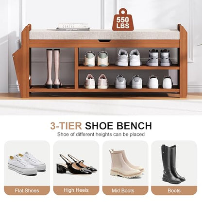 PETKABOO 39.4" Bamboo Shoe Rack Bench with Coat Rack, 3-Tier Entryway Bench with Thick Cushion, Flip-Top & Side Baskets, Holds Up to 550 LBS for Hallway, Living Room, Bedroom - color: 39.4" with Hook