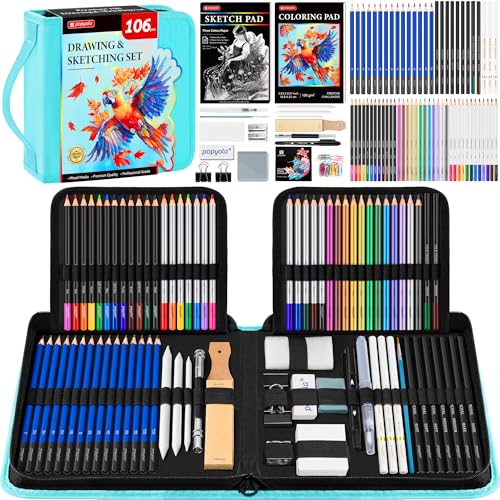 106 Pack Drawing Set Sketching Kit, Pro Art Supplies Sketch Pencils Set | with 3-Color Sketchbook, Coloring Book, Tutorial, Graphite Colored Charcoal Watercolor & Metallic Pencils - color: Teal, size: 106 Pack
