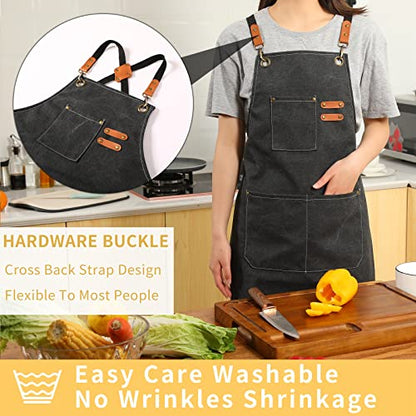 Tosewever Canvas Cross Back Chef Cotton Aprons for Men Women with Large Pockets - color: Black