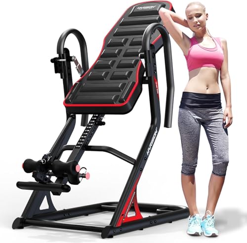 HARISON Inversion Table for Back Pain Relief, Decompression Back Stretcher | Strength Training Inversion Equipment with Safe Belt, Comfortable Ankle Holders, 300 350 lbs, Easy Assembly - color: Red
