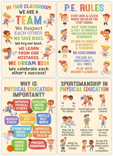 Lalunia 4 Pcs Classroom Exercise Posters (11x16) - Physical Education Class Rules Poster Decoration, Welcome to P.E Wall Art, Kids Workout Activity, Sports Education Supplies for PE Teachers - color: Physical Education