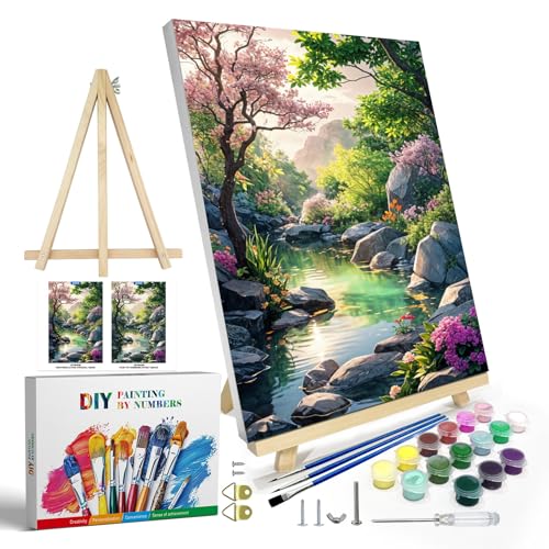 JOOZ Paint by Numbers Kit for Adults with Frame, Landscape Paint by Number Canvas, Mountain Paint by Numbers with Easel, DIY Flowers Scenery Oil Painting Kit for Home Wall Decor 8 x 12 Inch - color: Landscape