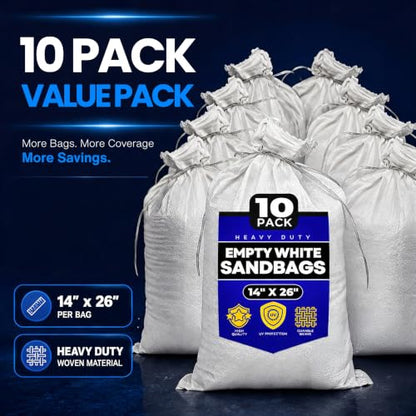 Sand Bags with Ties 14" x 26" - Sand Bags for Flooding, Woven Polypropylene Sandbags, 50 lbs Capacity, 14x26 inches, White - size: 10 Count (Pack of 1)