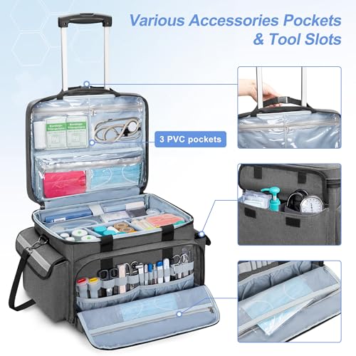 Trunab Rolling Medical Bag with Trolley & Dividers, Nurse Responder Tote - color: Grey