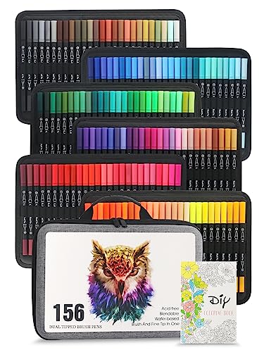 LIULIUCAI 156 Dual Tip Brush Pens, Art Markers for Adult Coloring Books | Colored Drawing Pens, Fine & Brush Tip Coloring Marker for Calligraphy Lettering Journal Doodling School Office Gift - color: 156
