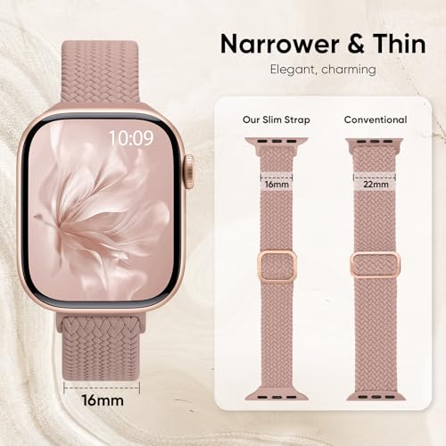Slim Braided Stretchy Band Compatible with Apple Watch Bands Women | 40mm 41mm 42mm 38mm 44mm 45mm 46mm 49mm Thin Elastic Nylon Solo Loop Strap ,Wristband for iWatch Series 11 10 9 8 7 6 5 4 SE - color: Pink, size: 38/40/41/42mm