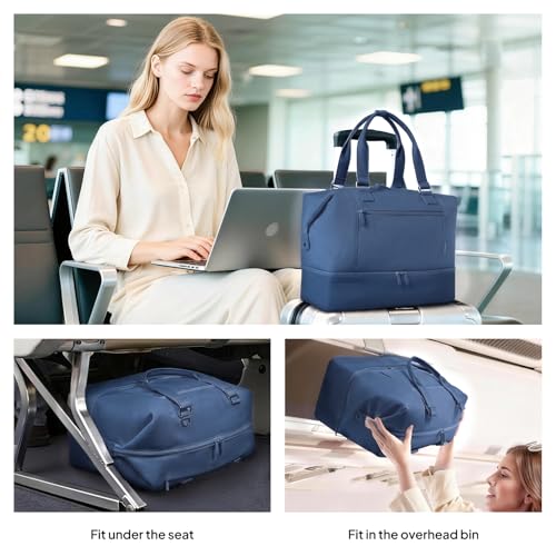Travel Duffle Bag for Women, 40L Weekender Bags Airline Approved Carry On with Shoe Compartment & Waterproof Wet Pocket, Durable Nylon Weekender Overnight Bag for Travel, Gym, Business Trip, Blue - color: Blue