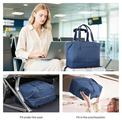 Travel Duffle Bag for Women, 40L Weekender Bags Airline Approved Carry On with Shoe Compartment & Waterproof Wet Pocket, Durable Nylon Weekender Overnight Bag for Travel, Gym, Business Trip, Blue - color: Blue