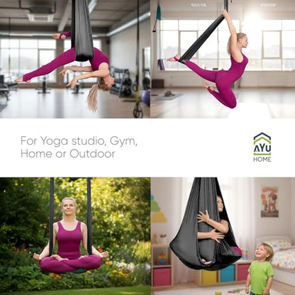 AyuHome Aerial Silks Yoga Swing Aerial Hammock Kit for Home - color: Aerial silk - Black