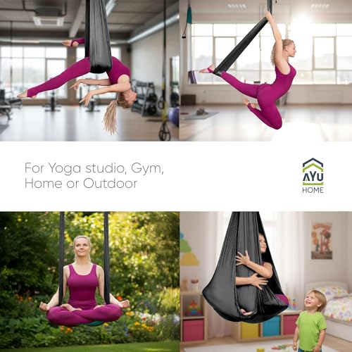AyuHome Aerial Silks Yoga Swing Aerial Hammock Kit for Home - color: Aerial silk - Black