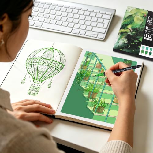 LIULIUCAI 10 Green Dual Markers, Fine & Brush Tip Pen for Adult Coloring | Lush Green Markers, Colored Pens for Landscapes, Leaves, Nature Journals, Botanical Art, Drawing Illustration Lettering - color: 10 Green