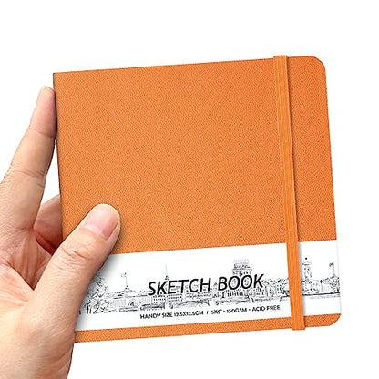 5" x 5" Hardcover Sketch Book,58 Sheets Small Mixed Media Pocket Sketch Pad | PU Cover,150 GSM Acid Free Artist Drawing Paper,Travel Journal Blank Notebook for Adults Sketching,Illustration.Burnt Orange - color: 150gsm PU-burnt orange