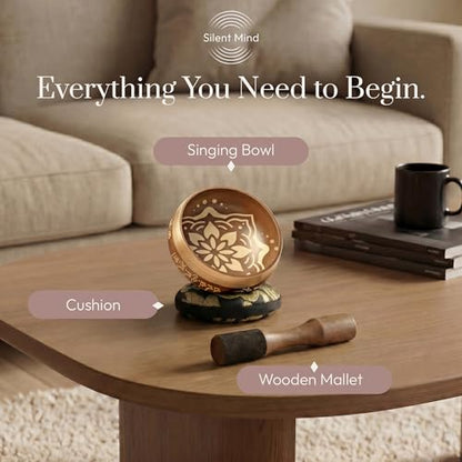 Silent Mind Tibetan Singing Bowl Set – Easy to Play & Beginner Friendly Meditation Bowl with Cushion & Mallet | Stress Relief & Mindfulness | Gift-Ready - color: Matte Gold, size: Without Case