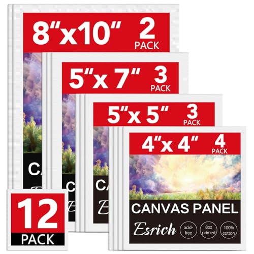 ESRICH Canvas Boards for Painting 12 Pack Art Supplies Paint Canvas 4x4, 5x5, 5x7, 8x10 Blank Large Canvases for Painting-Cotton Primed Canvas Panels for Acrylic, Oil, Gouache & Tempera. - size: 12 pack（4x4 5x5 5x7 8x10)