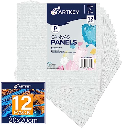Artkey Canvas Panels 8x8 Inch 12-Pack, 10 oz Primed 100% Cotton White Blank Canvases for Painting, Square Flat Canvas Boards for Oil Acrylics Watercolor & Tempera Paints - size: 8"x8", style: 12-Pack