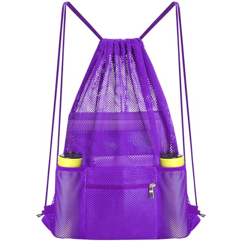 NATURAL STYLE Mesh Drawstring Backpack Bag, Gym Sports Bag with Zipper Pocket Bottle Holder, String Beach Bag for Swiming Travel (Purple) - color: Purple