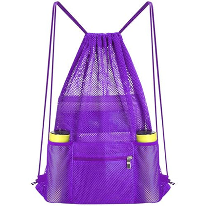 NATURAL STYLE Mesh Drawstring Backpack Bag, Gym Sports Bag with Zipper Pocket Bottle Holder, String Beach Bag for Swiming Travel (Purple) - color: Purple