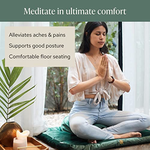 Mindful & Modern Meditation Cushion and Zabuton Meditation Mat Bundle - Premium Luxury Velvet Meditation Cushion Set for Yoga - Buckwheat Zafu Floor Pillow and Rectangular Mat - Emerald Green Color