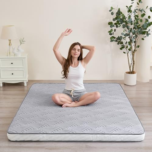Zelladorra Japanese Floor Mattress, Portable Floor Mattress | Futon Mattress with Anti-Slip Bottom, Storage Bag and Straps for Easy Carrying, Camping, and Travel (Light Grey) - color: Light Grey, size: Queen（80" x 60"）