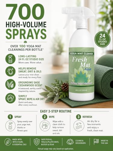 Fresh Mat Yoga Mat Cleaner Spray - Natural Deodorizing Cleaner for Yoga Mats & Fitness Equipment - No-Rinse, Residue-Free Formula with Witch Hazel & Essential Oil, Soothing Sage Cedarwood (24 fl oz). - size: 24 Fl Oz (Pack of 1)