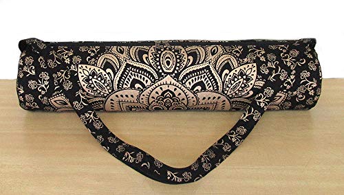 ICC Black Gold Mandala Full-Zip Exercise Yoga Mat Carry Bag Gym Beach Pilates Carrier Bags Hippie Mandala Indian Cotton Bag - style: Black Gold Flower