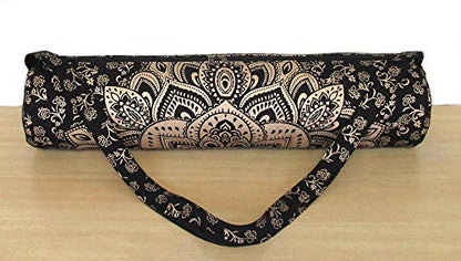 ICC Black Gold Mandala Full-Zip Exercise Yoga Mat Carry Bag Gym Beach Pilates Carrier Bags Hippie Mandala Indian Cotton Bag - style: Black Gold Flower